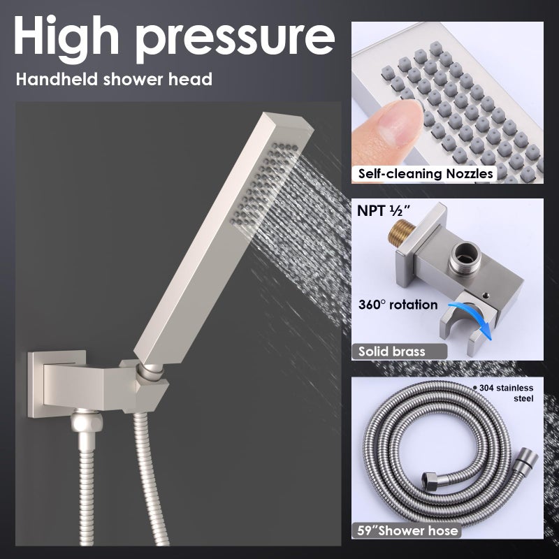Enga Solid Brass High Pressure Hand Held Shower Wand Square Head with Adjustable Supply Elbow Wall Connector Shower Holder and Hose Set, Brushed Nickel - Image 4